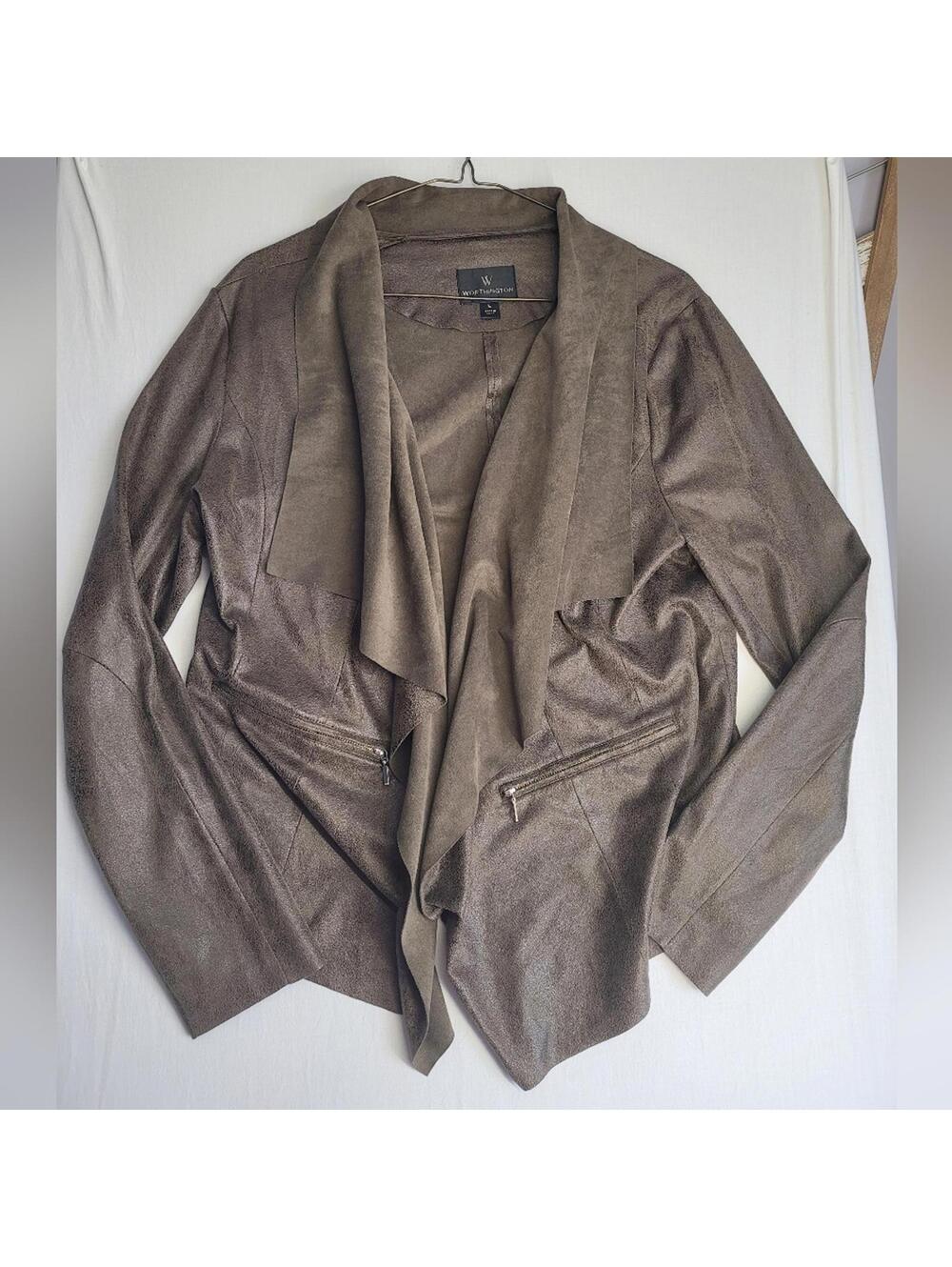 Worthington Faux Leather Open Front Draped Cardigan Brown Suede - L